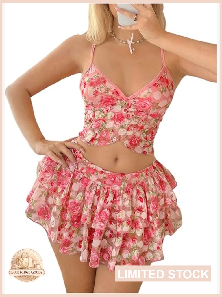 Floral Crop Cami Top With Tiered Ruffle A-Line Skirt Set Vacation Outfit